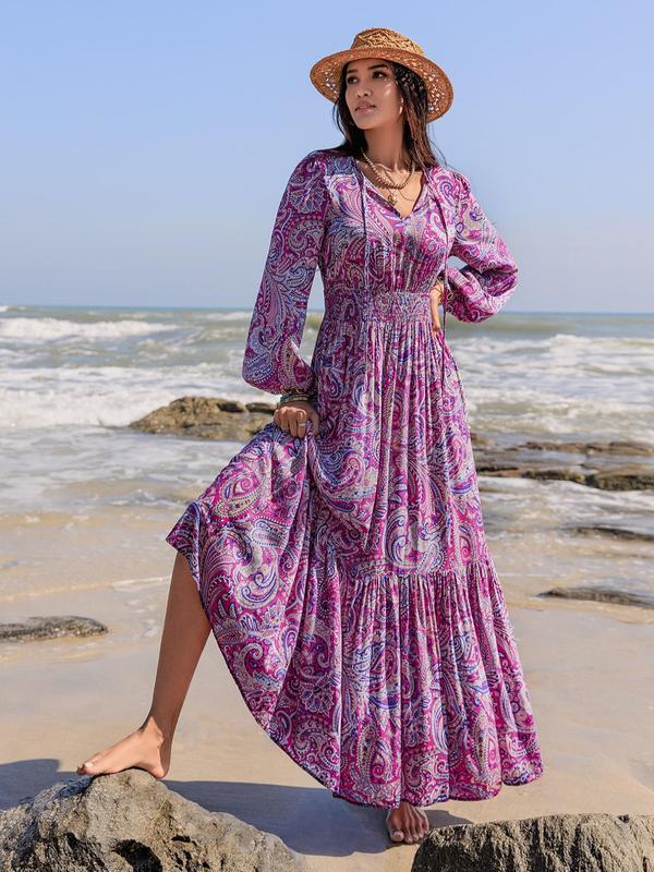 Women's Paisley Print Shirred Tie Neck Ruffle Hem Long Sleeve A Line Dress, Summer Sundress 2024, Boho Fashion Lantern Sleeve Long Dress for Beach Holiday Vacation, Ladies Clothes for All Seasons, Fall Clothing