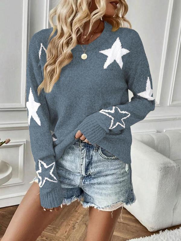 Womenswear Star Print Drop Shoulder Sweater, Comfort Long Sleeve Round Neck Jumper for Fall & Winter, Fall Clothes, Fashion Ladies' Knitwear for Daily Wear, Fall outfits, Fallfreshness Vintage Clothing Vintage Clothing, Preppy 80s Clothes