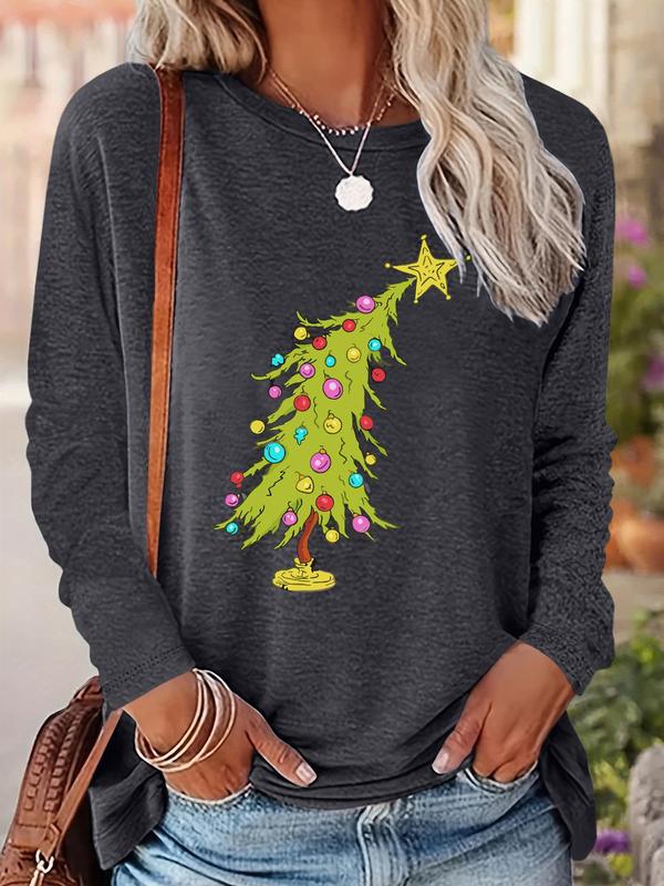 Women's Christmas Tree Print Drop Shoulder Tee, Casual Long Sleeve Round Neck Pullover for Fall & Winter, Ladies Clothes for Daily Wear