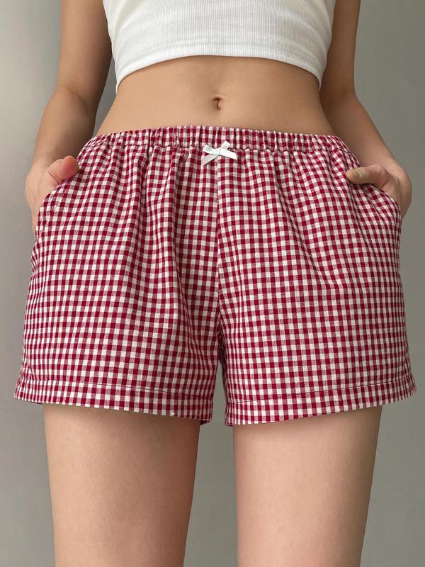 Women's Gingham Print Elastic Waist Shorts, Casual Bow Decor Pocket Design Shorts for Summer, Shorts for Women, Ladies Bottoms for Daily Wear