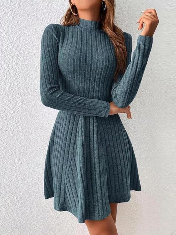 Women's Plain Pleated Mock Neck A Line Dress, Casual Long Sleeve Ribbed Dress for Fall & Winter, Women's Clothing for Daily Wear