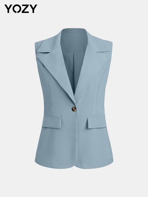 YOZY [size 4-14] Solid Button Front Lapel Collar Blazer Vest  Elegant Fashion Casual Sleeveless Outerwear, 2024 Women's Summer Outfits for Daily Outdoor Wear, [S-XXL]