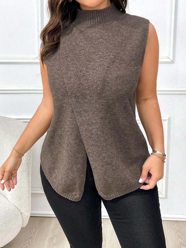  Solid Wrap Mock Neck Sweater Vest, Elegant Fashion Casual Sleeveless Knit Top for Daily Outdoor Wear, Women Plus Clothing for All Seasons