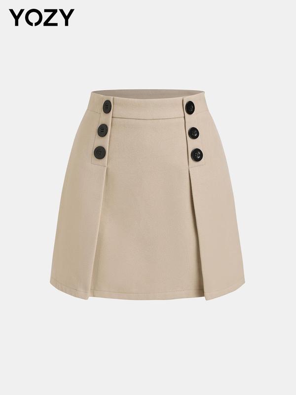 YOZY Women's Solid Double Button A Line Skirt, Casual Fashion Short Skirt for Daily Outdoor Wear, Women's Bottoms for Fall & Winter