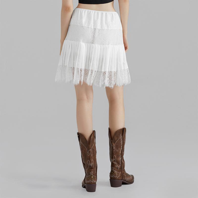 Women Y2k Lace Half Slip Skirt Low Rise Pleated Ruffle LaceTrim Mini Skirt Layered Flowy Short Skirts Underskirt