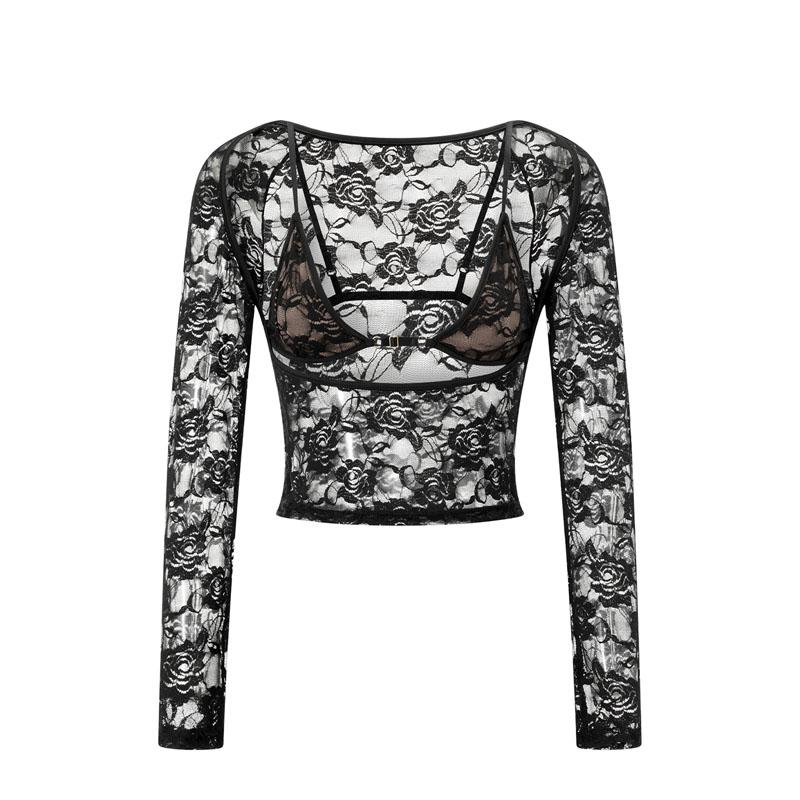 BlackFriday Women Floral Lace Tops Low Cut Sheer Long Sleeve Pullovers Fitted Crop Shirt with Bra Summer Streetwear Clubwear sheer lace Polyester Womenswear Fashion Outdoor Blouse Cropped