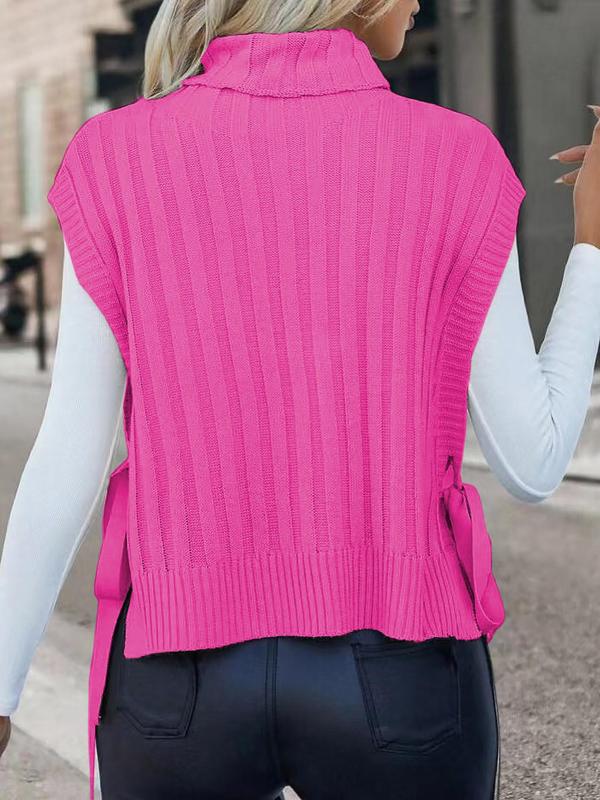 Women's Solid Color Tie Side Turtle Neck Sweater Vest, Casual High Neck Knit Top for All Seasons, Sweaters for Women, Fashion Ladies Knitwear for Daily Wear, Preppy 80s Clothes