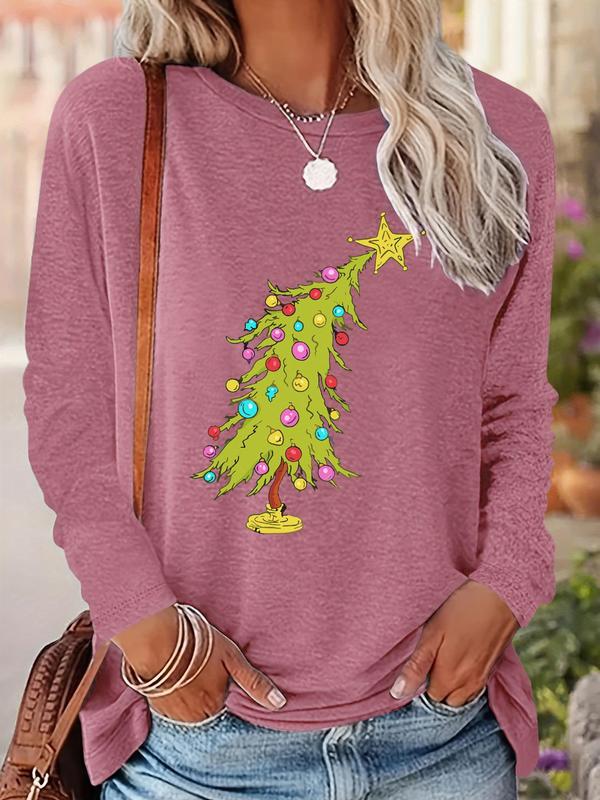 Women's Christmas Tree Print Drop Shoulder Tee, Casual Long Sleeve Round Neck Pullover for Fall & Winter, Ladies Clothes for Daily Wear