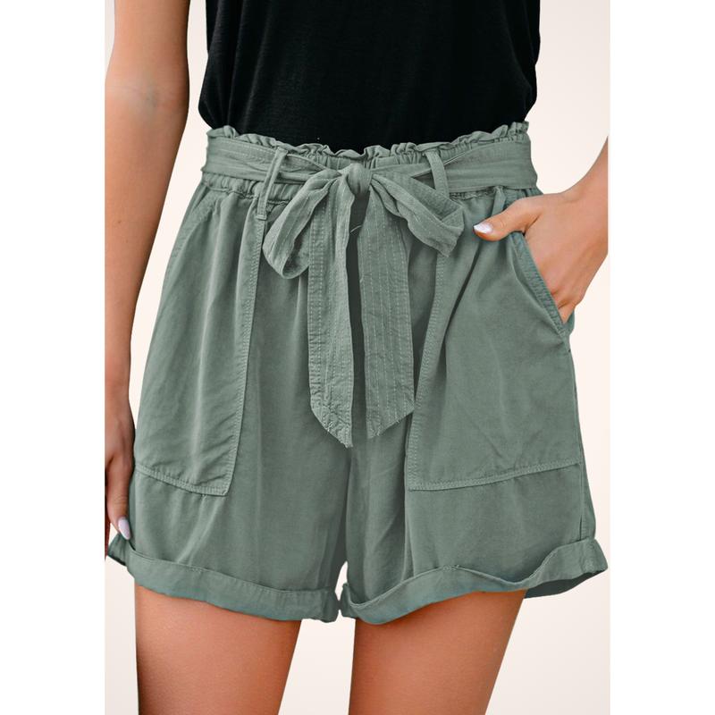 Green Tie Waist Paperbag Shorts