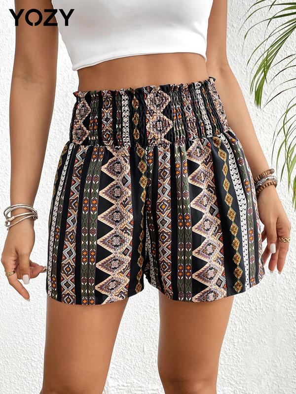 YOZY Women's Ethnic Pattern Shirred High Waist Shorts, Boho Casual High Rise Shorts for Beach Vacation Holiday, Ladies Summer Bottoms