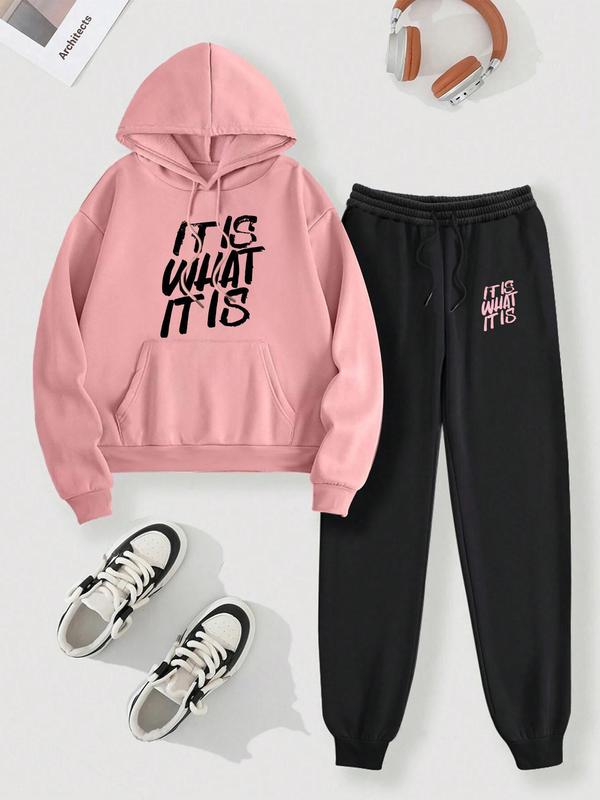  Women's Letter Print Hoodie & Sweatpants Set, 2 Piece Set Casual Long Sleeve Hooded Sweatshirt & Jogger Pants, Women's Fall & Winter Clothes