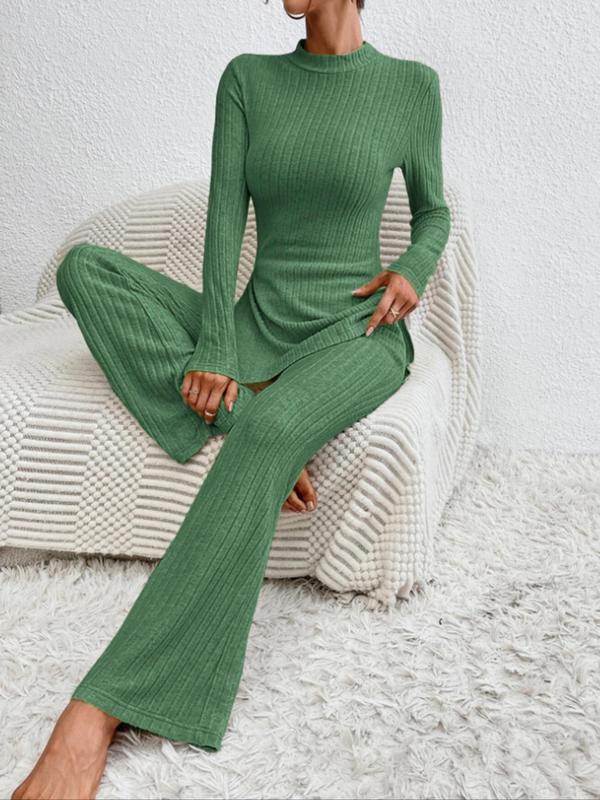 Women's Light & Thin Rib Knit Split Mock Neck Top & Flare Leg Bell Bottom Pants Matching Pjs Loungewear Set, Pyjamas Set for Daily Wear, for Spring & Fall, Girly Clothes, Fall Clothing