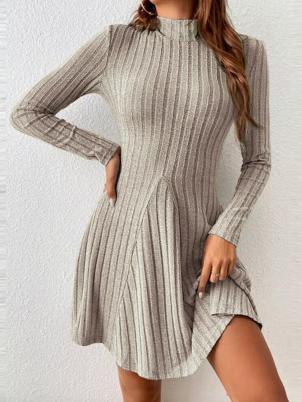 Women's Plain Pleated Mock Neck A Line Dress, Casual Long Sleeve Ribbed Dress for Fall & Winter, Women's Clothing for Daily Wear