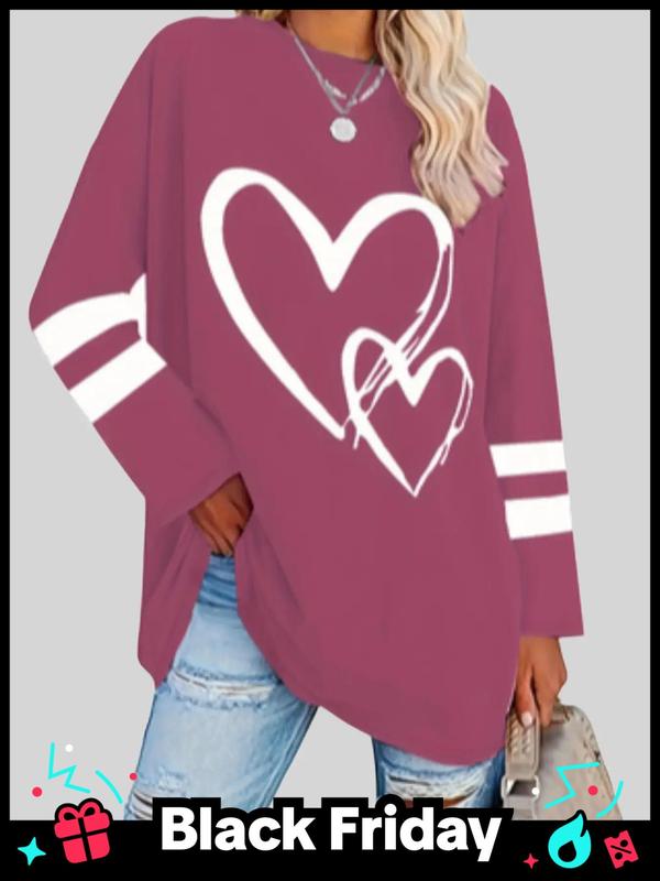  Heart & Striped Print Long Sleeve Tee, Graphic Tees, Casual Round Neck T-shirt for Spring & Fall, Women's Clothing for Daily Wear