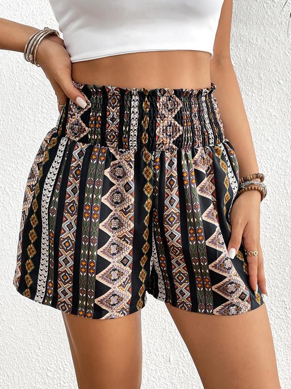 YOZY Women's Ethnic Pattern Shirred High Waist Shorts, Boho Casual High Rise Shorts for Beach Vacation Holiday, Ladies Summer Bottoms