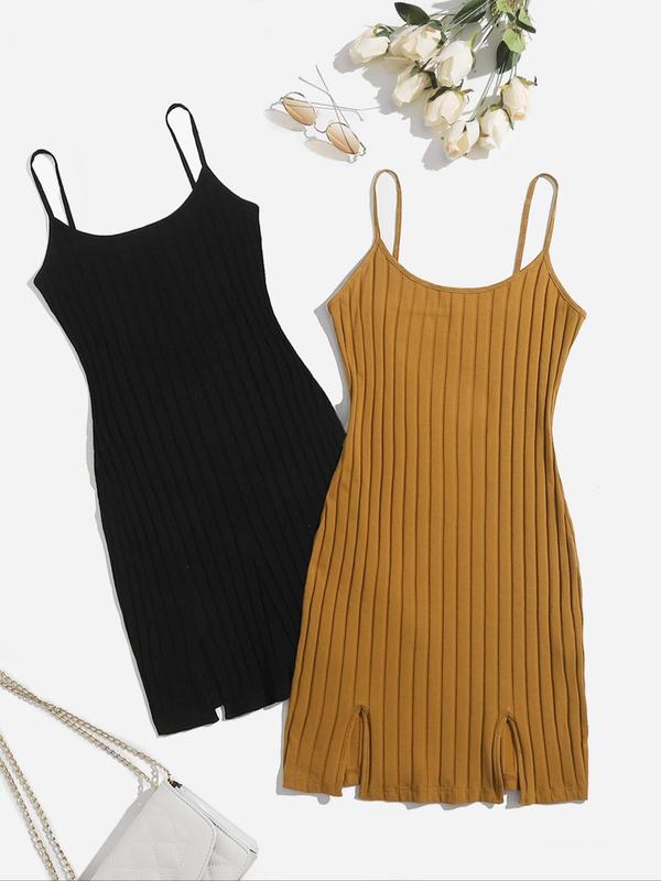 Women's Plain Split Cami Nightdress, Casual Sleeveless Rib Knit Cami Nightgown for Daily Home Wear, Summer Sleepwear Loungewear Set for Ladies