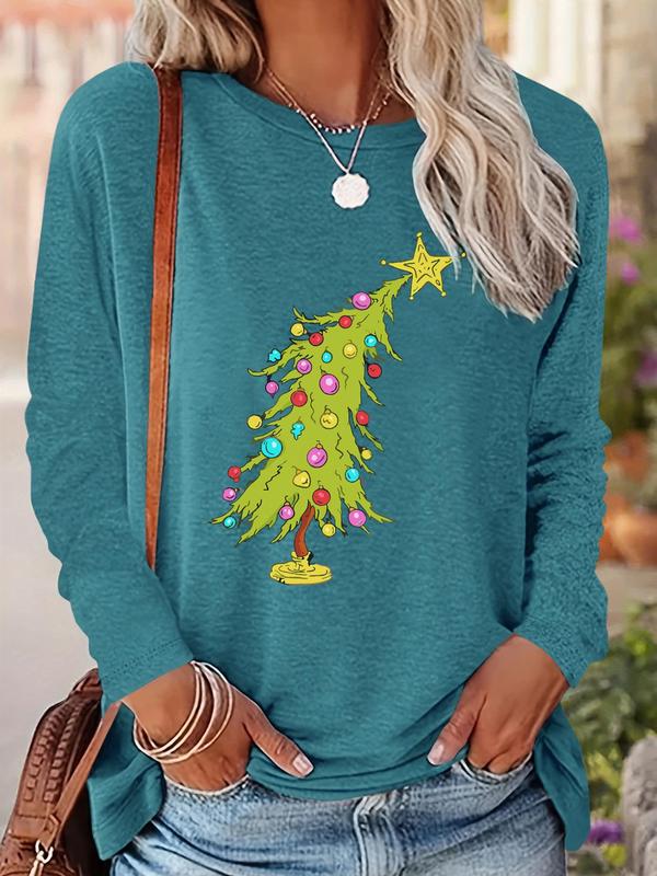 Women's Christmas Tree Print Drop Shoulder Tee, Casual Long Sleeve Round Neck Pullover for Fall & Winter, Ladies Clothes for Daily Wear