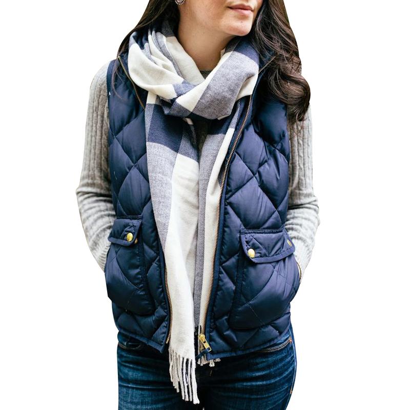 Women Casual Winter Sleeveless Plaid Zip Jacket Warm Waistcoat Black Brown Navy Blue Khaki Army Green