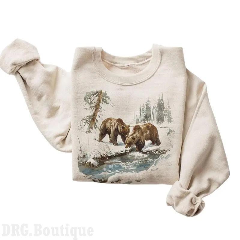 Retro Grizzly Bears Wilderness Scene Sweatshirt, Nineties 90s Vintage Brown Bear Outfit Gift For Women's Shirt, Outdoor Wear Crewneck Cotton Fit