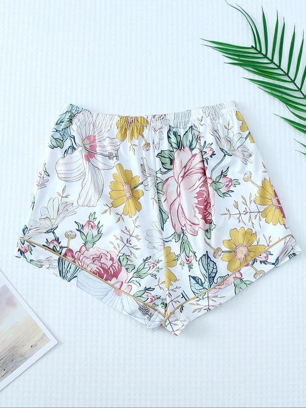 Two-Piece Set Women's Floral Print Lapel Shirt & Elastic Waist Shorts Pyjama Set, Casual Comfy Pocket Button Front Top & Shorts Pj Set, Ladies Sleepwear for Summer 2024