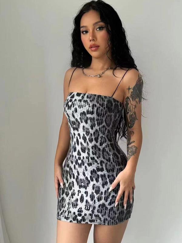 Women's Leopard Print Backless Sequins Cami Dress, Fashionable Sleeveless Bodycon Mini Dress for Party Club Dating Wear, Women's Clothing, Summer Dress, Dress for Women, Homecoming Dresses, Wedding Guest Dress