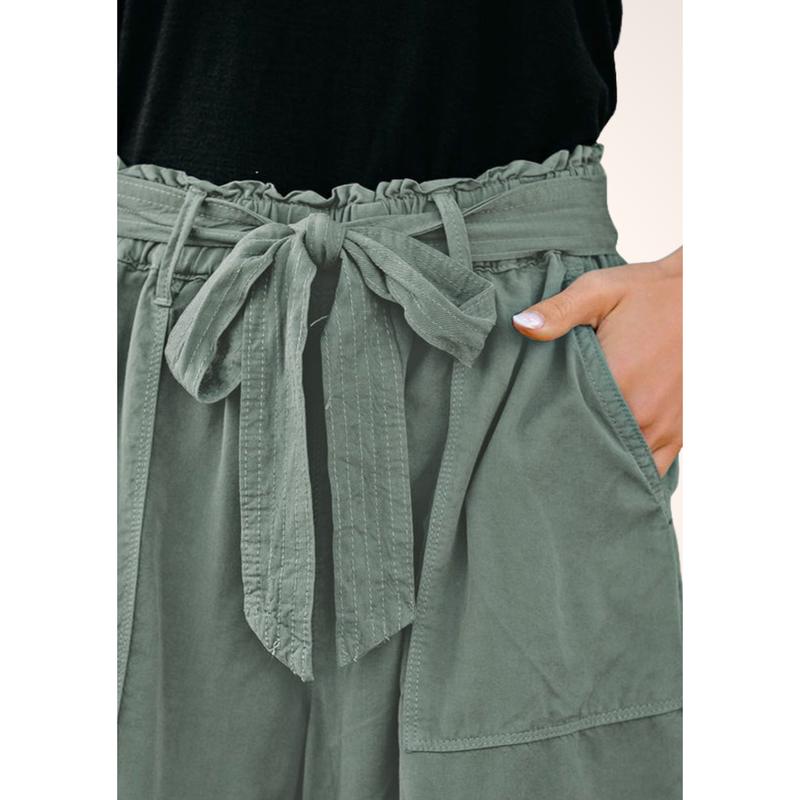 Green Tie Waist Paperbag Shorts