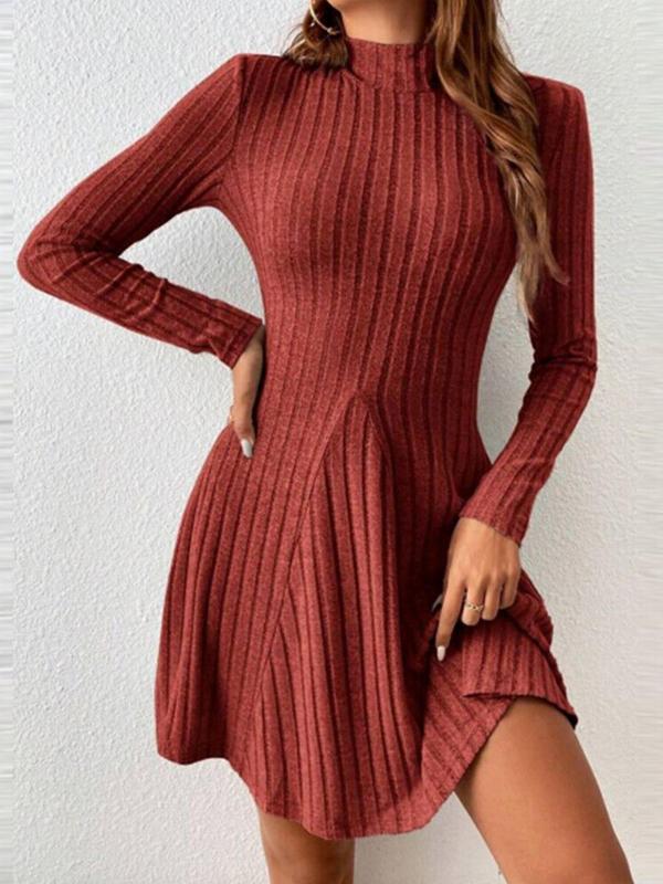 Women's Plain Pleated Mock Neck A Line Dress, Casual Long Sleeve Ribbed Dress for Fall & Winter, Women's Clothing for Daily Wear