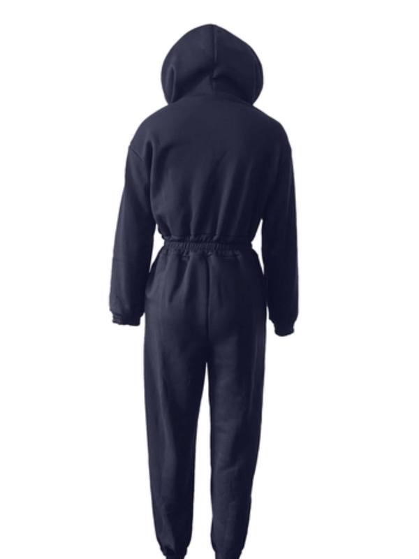 Women's Solid Zip Up Hooded Jumpsuit, Casual Drop Shoulder Long Sleeve Jumpsuit for Fall & Winter, Women's Clothes for Daily Wear