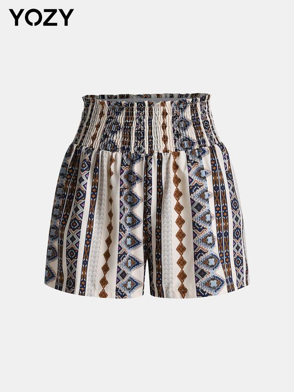 YOZY Women's Ethnic Pattern Shirred High Waist Shorts, Boho Casual High Rise Shorts for Beach Vacation Holiday, Ladies Summer Bottoms