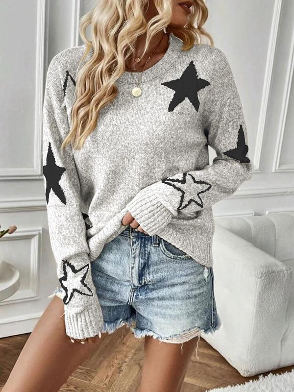 Womenswear Star Print Drop Shoulder Sweater, Comfort Long Sleeve Round Neck Jumper for Fall & Winter, Fall Clothes, Fashion Ladies' Knitwear for Daily Wear, Fall outfits, Fallfreshness Vintage Clothing Vintage Clothing, Preppy 80s Clothes