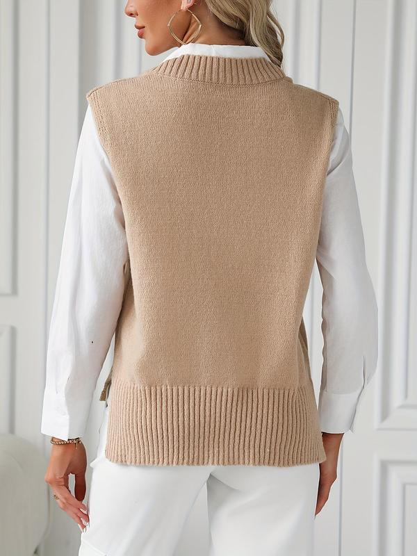 Women's Plain Split Hem V Neck Sweater Vest, Casual Sleeveless Knit Top for Daily Wear, Ladies Clothes for All Seasons