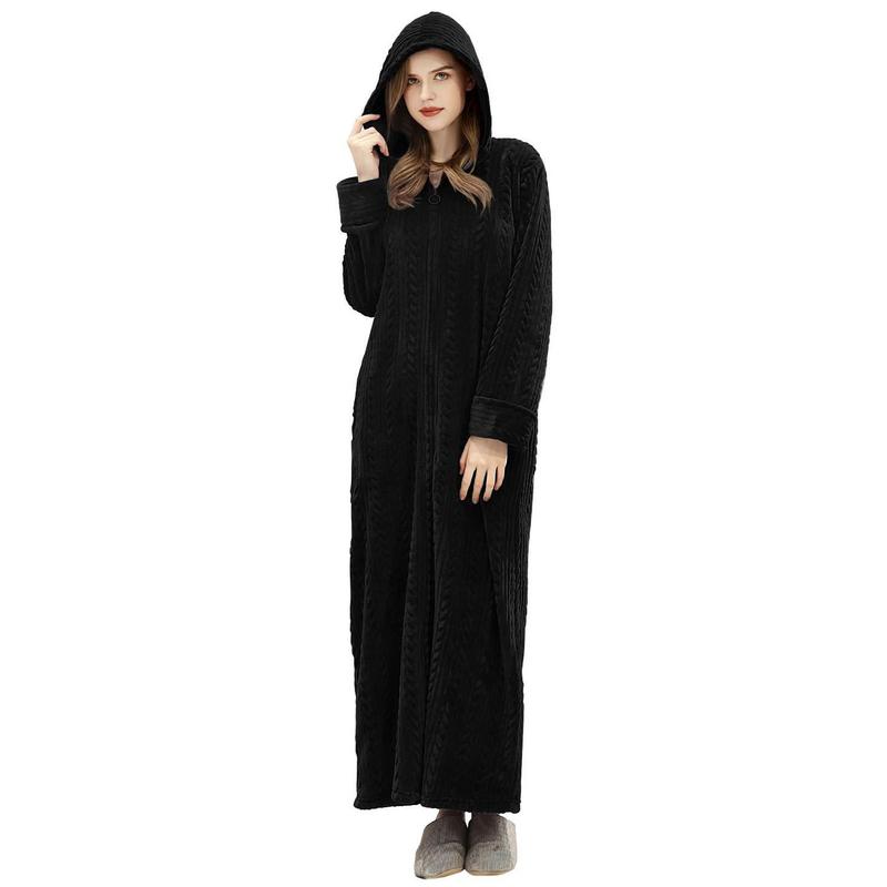 Robes for Women, Womens Hooded Plush Robe Zip up Front Long Fleece Bathobe for Women with Pocket, House Coat Moomoo Nightgowns Loungewear Sleepwear for Elderly Women Gift