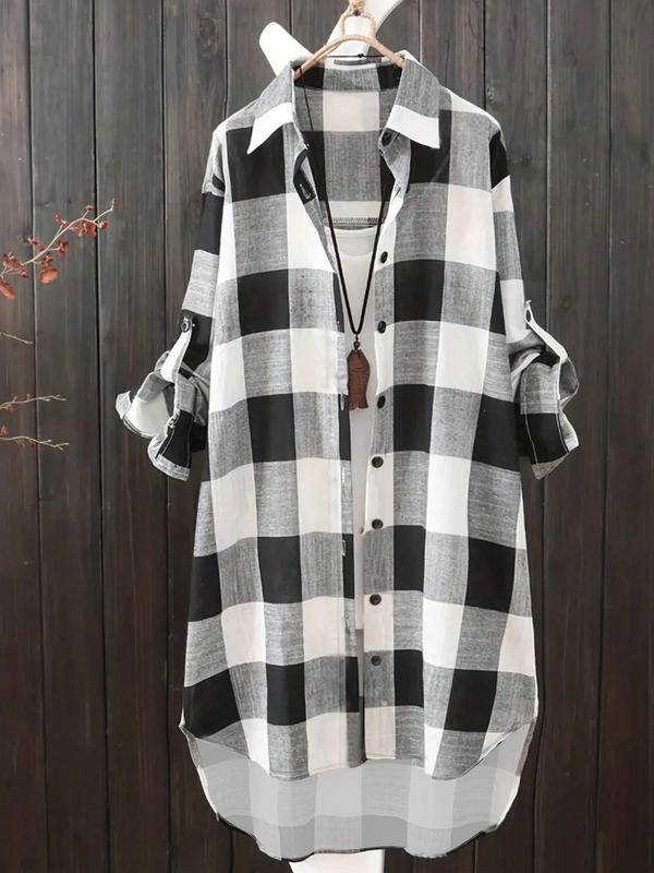 Women's Plaid Print Button Front Long Shirt, Casual Loose Collared Top for Spring & Fall, Women's Clothes for Daily Wear, Fall Clothes, Summer Clothes Women