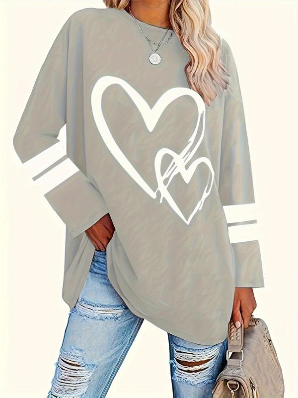  Heart & Striped Print Long Sleeve Tee, Graphic Tees, Casual Round Neck T-shirt for Spring & Fall, Women's Clothing for Daily Wear