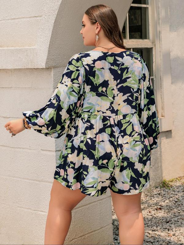  Floral Print Fake Buttons Vintage Rompers Jumpsuit, Fall Outfits, Fallfreshness Boho Tie Neck Lantern Sleeve Jumpsuit, Romper Dress for Women, Non Bodycon Dress for Beach Vacation, Plus Size Women's Clothing for Fall Black Girl Outfits