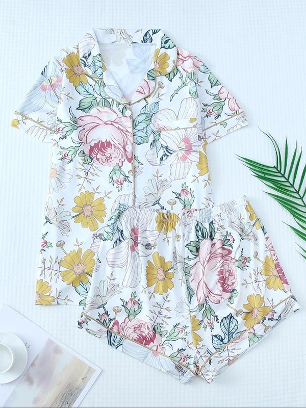 Two-Piece Set Women's Floral Print Lapel Shirt & Elastic Waist Shorts Pyjama Set, Casual Comfy Pocket Button Front Top & Shorts Pj Set, Ladies Sleepwear for Summer 2024