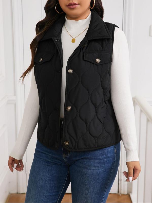 Plus Size Solid Button Front Pocket Quilted Vest Jacket, Casual Sleeveless Collared Outerwear for Fall & Winter, Women's Clothes for Daily Wear