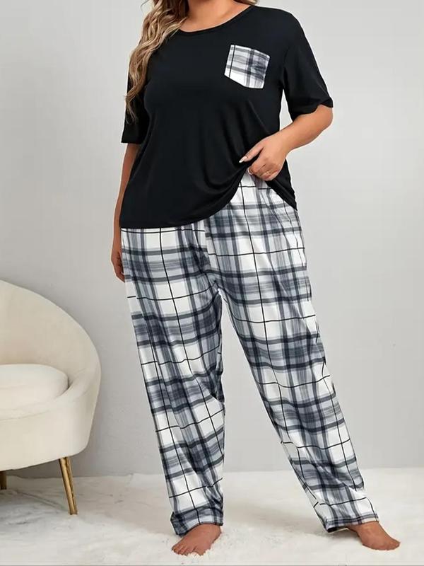  Two-Piece Set Plaid Print Pocket Tee & Pants Pyjama, Casual Comfy Round Neck Short Sleeve Top & Trousers PJ Set, Women's Sleepwear for All Seasons