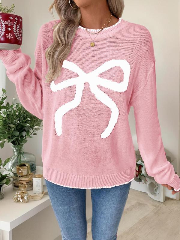 Women's Bow Print Drop Shoulder Sweater, Casual Long Sleeve Round Neck Jumper for Fall & Winter, Ladies' Knitwear for Christmas Daily Wear