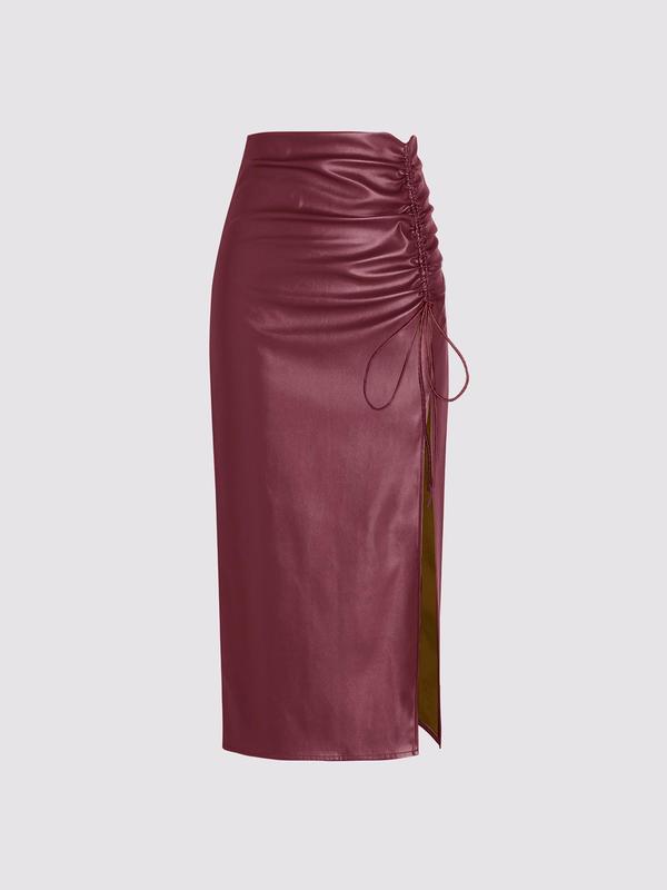 Women's Ruched Drawstring Split Thigh PU Leather Skirt, Fashion Casual High Waist Long Skirt for Daily Wear, Women's Bottoms for Spring & Fall