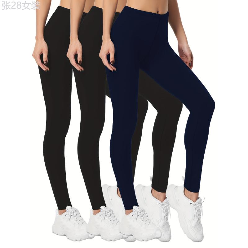 3 Pack Solid Skinny Leggings, Elastic Waist Casual Stretchy Women's Clothing Fabric Spandex