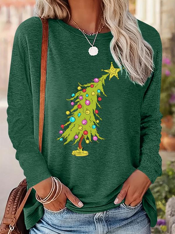 Women's Christmas Tree Print Drop Shoulder Tee, Casual Long Sleeve Round Neck Pullover for Fall & Winter, Ladies Clothes for Daily Wear