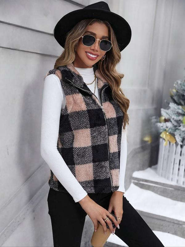 Women's Plaid Print Funnel Neck Zip Up Vest Coat, Casual Sleeveless Outerwear for Fall & Winter, Ladies Clothes for Daily Wear