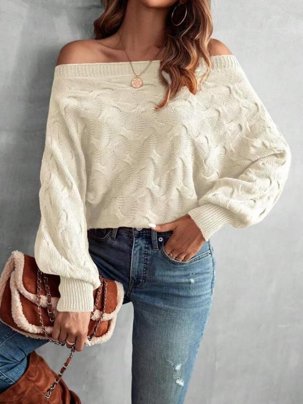 Women's Plain Off Shoulder Batwing Sleeve Knit Sweater, Casual Long Sleeve Jumper for Fall & Winter, Fashion Ladies' Knitwear for Daily Wear