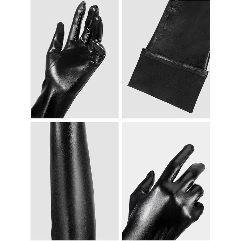 Women's Carnival Halloween Costume Elastic Spandex Shiny Wet Long Gloves and Thigh High Stockings