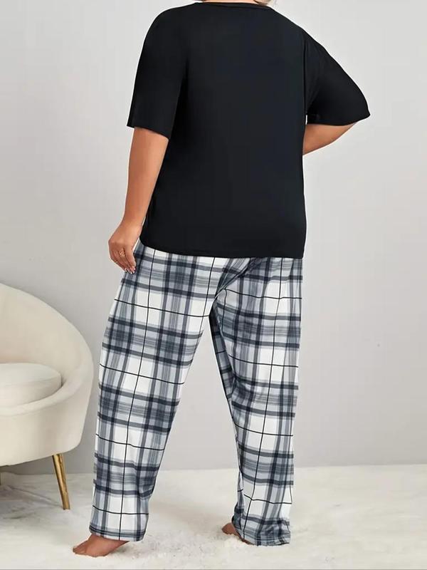  Two-Piece Set Plaid Print Pocket Tee & Pants Pyjama, Casual Comfy Round Neck Short Sleeve Top & Trousers PJ Set, Women's Sleepwear for All Seasons