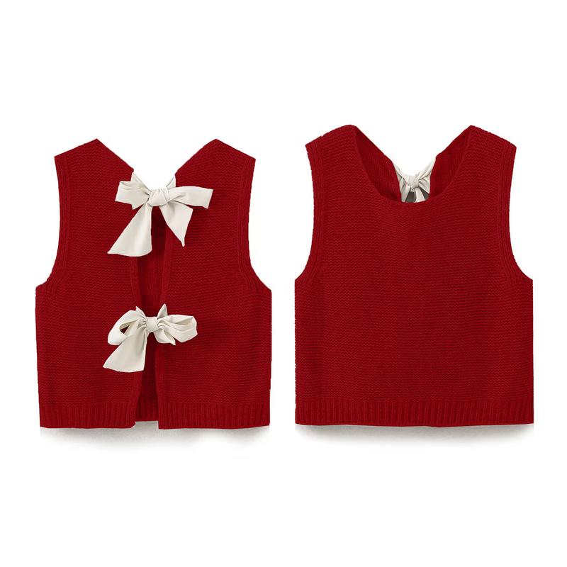 Women's Fall Knit Waistcoat Bow Tie Back Sweater VestFit Tank Tops Streetwear