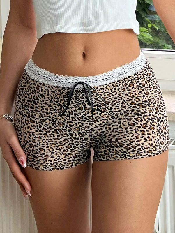 Women's Leopard Print Drawstring Lace Splicing Shorts for Fall and Winter, Perfect for Home and Leisure Activities - Bottom, Womenswear