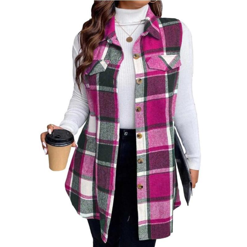 Autumn and Winter New Women's Clothing Fashion Plaid Sleeveless Lapel Side Pocket Shirt Vest Womenswear Tops