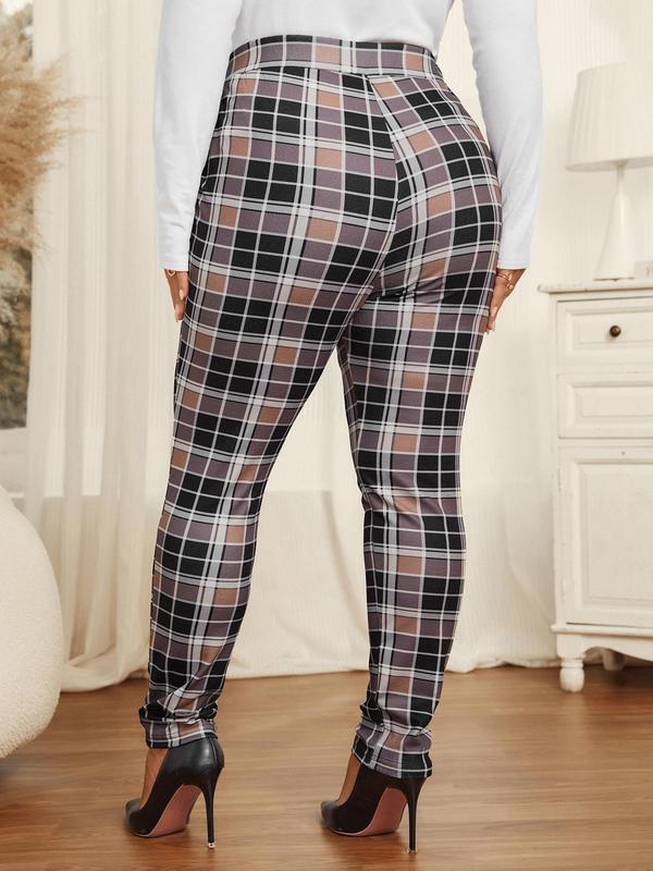 CURVZY Christmas Deals, Plus Size Plaid Print Pocket Buckle Decor Pants, Casual Comfy Trousers for Women, Women's Bottoms for Fall & Winter, Christmas 2024 Trend, Fall & Winter Clothes